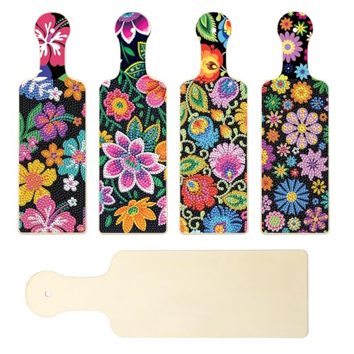Image of 4 Pcs Diamond Art Painting Tray Board for Adults, DIY Crystal Rhinestones Diamond Art Board for Dining Table, Dessert Display Indoor Kitchen Dining Table Decoration New Year Gift (Flower Pattern)
