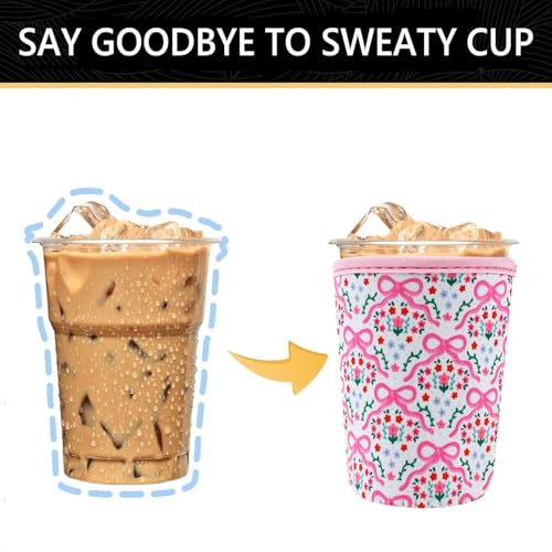Image of YR Reusable Neoprene Insulator Sleeve for Iced Coffee Cups, 3 Pack Coffee Coolies sleeves for Iced & Hot Drinks, Cold Beverage Cooler Compatible with Starbucks Coffee and More (Pink Bows)