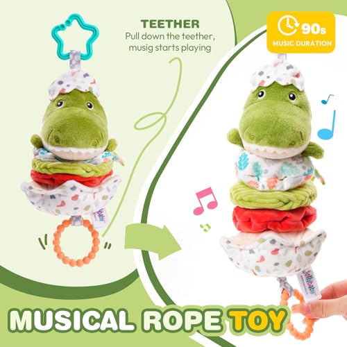 Image of Jollybaby Baby Musical Pull String Hanging Toy for Stroller Car Seat Crib Play Gym, Plush Stuffed Dinasour Toy for Carseat with Music Teether Crinkle Paper, Sensory Toy for 0-6-12-18 Months Baby Gift