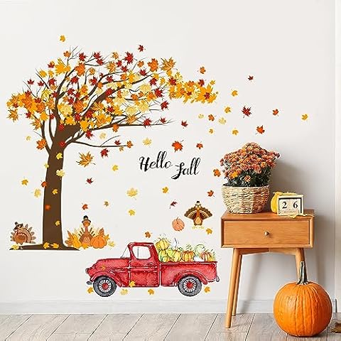 Prabahdak Fall Tree Wall Stickers Maple Leaves Wall Decals Autumn Harvest Pumpkins Truck Wall Decal Thanksgiving Turkey Wall Stickers Hello Fall Wall Decor for Home Window Living Room Bedroom Cover