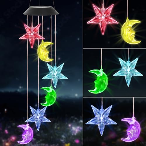 Dremisland Star Moon Solar Wind Chimes for Garden Birthday Gifts for Women Mum Color Changing Wind Chimes Outdoor Waterproof Mobile Garden Lamp Solar Lights Yard Porch Decorations