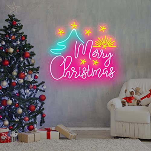 Image of Neon Signs Merry Christmas Tree Neon Sign Decorations Lighted Sign Xmas LED Neon Lights Green Red LED Sign for House, Home, Window, Balcony, Party, Wall Decor 60x50cm (with Tree and Starlight)