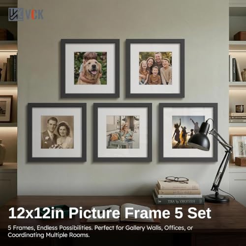 Image of VCK 12x12 Frame 5 Pack, Black Wood, 8x8 Mat, Glass, for Picture Prints