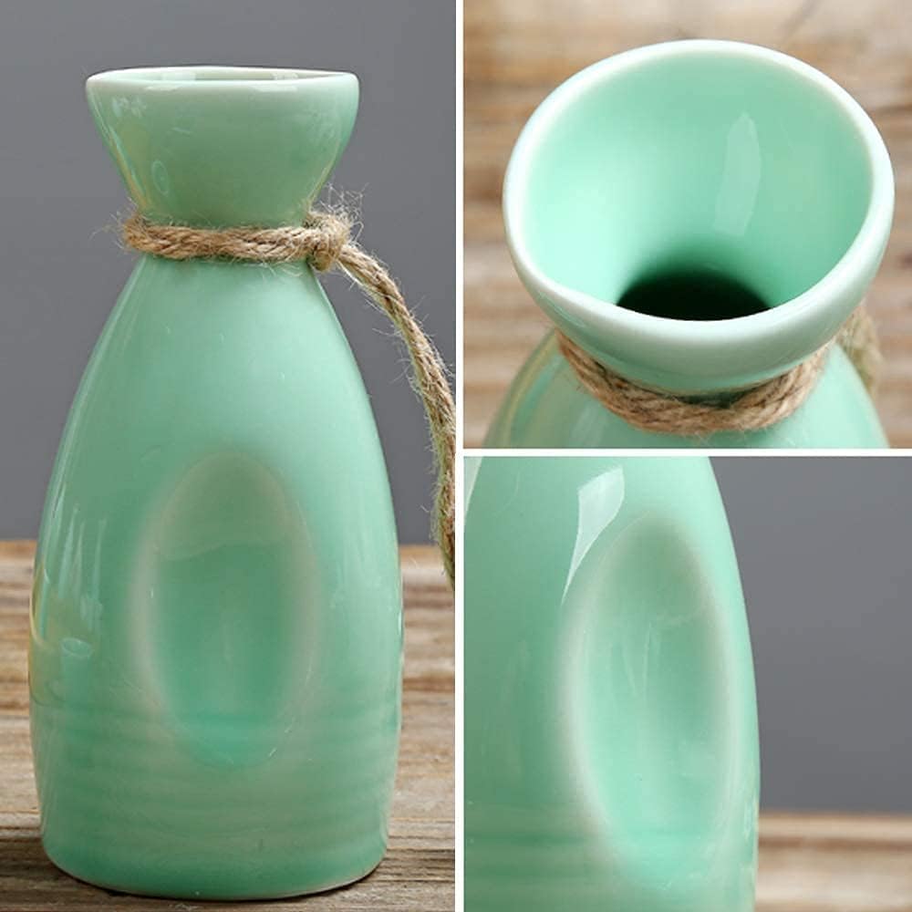 7 Pcs Japanese Sake Set Traditional Celadon Wine Glasses Set with Warmer Pot and Candle Stove for Warm/Cold Sake Service Best Gift for Family and Friends