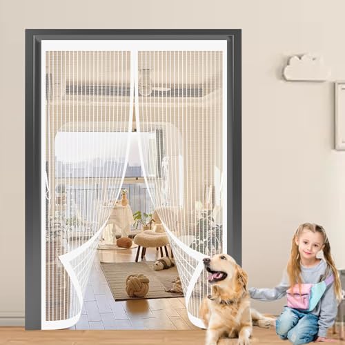 Mosquitera Corredera 153 x 131 cm Cierre Automático, sin Taladrar, Antimosquitos, Fácil Instalación, Mosquitera Autoadhesiva para Puerta de Balcón, Puerta de Patio, Blanco