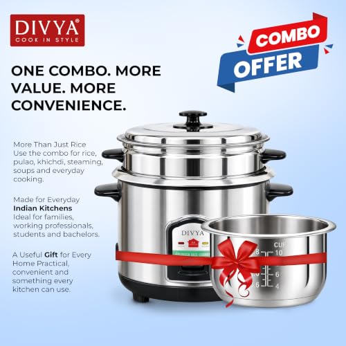 Buy DIVYA Double Pot 1.8 L 700W Stainless Steel Electric Rice Cooker | Double Inner Pot, Cook & Keep Warm, 304 SS Body, Steamer Tray Included, Made in India Online at Low Prices in India - Amazon.in - Image 6