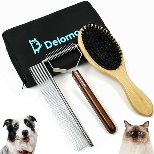 Dog Brush Set, Undercoat Rake, Dog Comb, Bristles Brush for Shedding, Dematting, and Deshedding – Ideal Shedding Tool for Medium or Long-haired Dogs and Cats (3PCS)