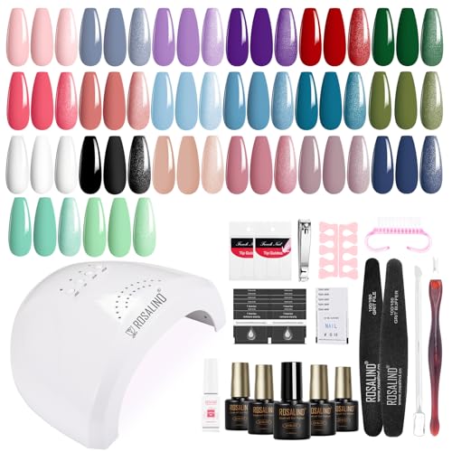 ROSALIND Kit Uñas Semipermanentes con 48W Lámpara, 20+4 Piezas Esmaltes Semipermanentes Blanco Negro Morado Rojo Verde Azul Colores Uñas Semipermanente Kit Completo Regalos Principiantes