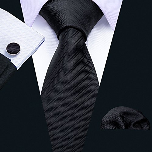 Image of Barry.Wang Solid Striped Tie for Men Silk Necktie Pocket Square Cufflinks Formal Wedding Party Business