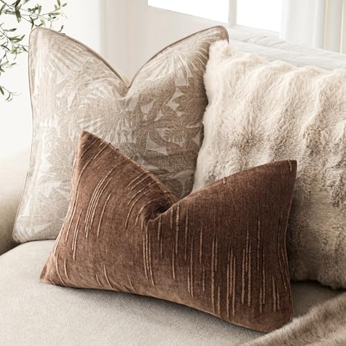 Image of Foindtower Pack of 2 Slubby Textured Chenille Throw Decorative Pillow Covers Lumbar Accent Solid Cushion Cover Neutral Farmhouse Pillow Case for Couch Sofa Bedroom Living Room 12x20 Inch,Red Brown