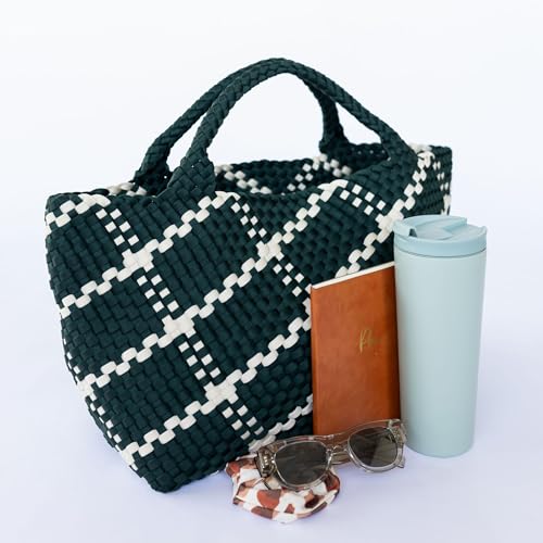 Image of State of Bliss Large Neoprene Dark Green and White Woven Hobo Tote with Top Handle - Lightweight and Spacious Designer Lookalike Tote Bag for Travel, Work, and Everyday