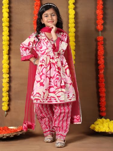 Image of superminis Girls Cotton Floral Printed Kurti Palazzo Style Salwar Set With Net Dupatta Kids Ethnic Wear Set