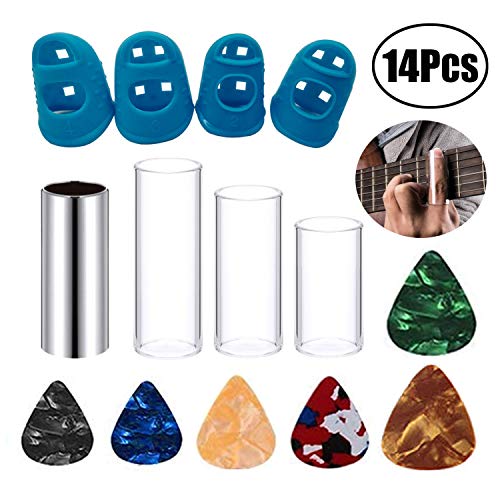 LuLyL Gitarren-Slide-Set, 4 Stück Gitarren-Slides (1 Stück Edelstahl, 3 Stück Glas), 6 Stück Gitarren-Picks und 4 Silikon-Gitarren-Fingerschutz und Fingerpicks in der Aufbewahrungsbox