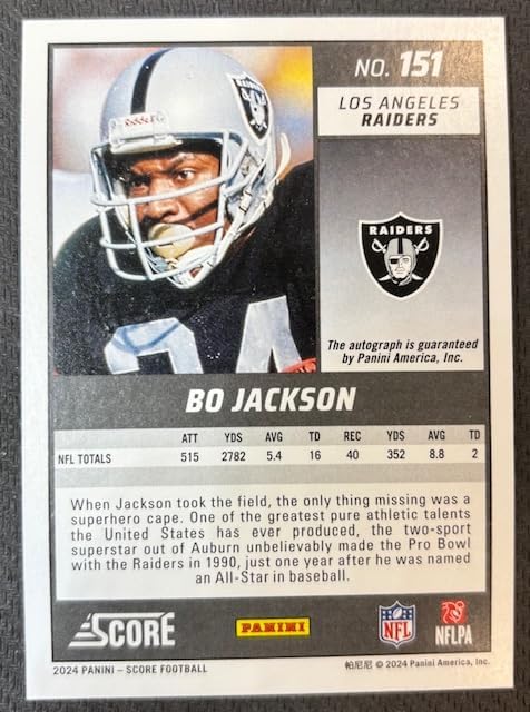 Bo Jackson 2024 Panini Score Signed Football Auto Card #151