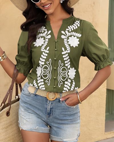 BTFBM Women's 2025 Summer Tops Casual Floral Boho V Neck Puff Short Sleeve Button Down Shirts Embroidered Blouses Tunic