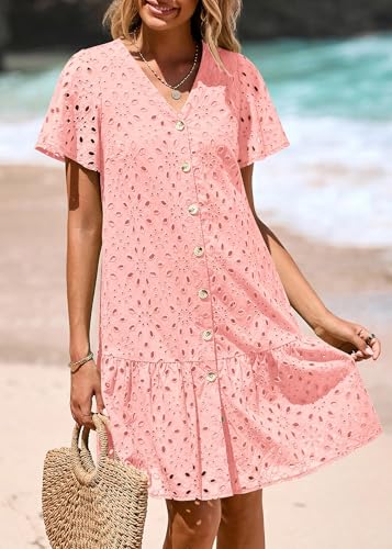 Image of KIRUNDO Eyelet Dresses for Women Button Down Mini Babydoll | 2026 Summer Short Sleeve Boho Sundress, Loose Fit V Neck Short Dress With Pockets, A Line, Cruise Beach Vacation Outfits