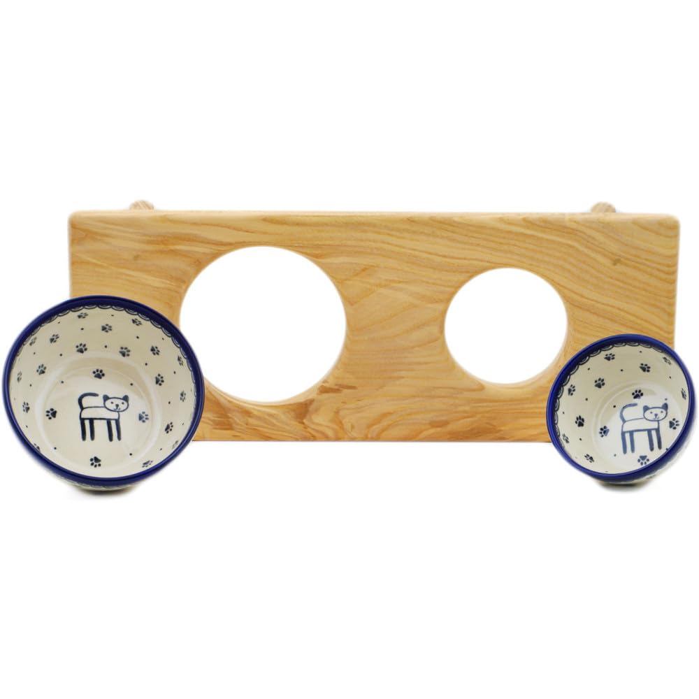 Authentic Polish Pottery Pet Bowl Set w/Stand 23 oz Signature UNIKAT in Soft Paws Design Handmade in Boles?awiec Poland by Ceramika Bona + Certificate of Authenticity