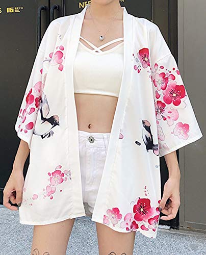 Image of LAI MENG FIVE CATS Women's Floral Print Loose Blouse Japanese Kimono Tops | Puff Sleeve,Cover up Top,Casual Cute Tops,Summer Cardigans 2026