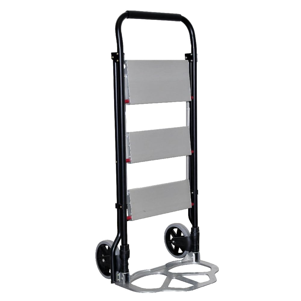 Scala-Carrello 2 in 1 - Pieghevole, 3 Gradini, Telaio di Acciaio, Ruote Pneumatiche, Portatutto, Design Anti-Scivolo, Resistente - Portata Massima 70kg