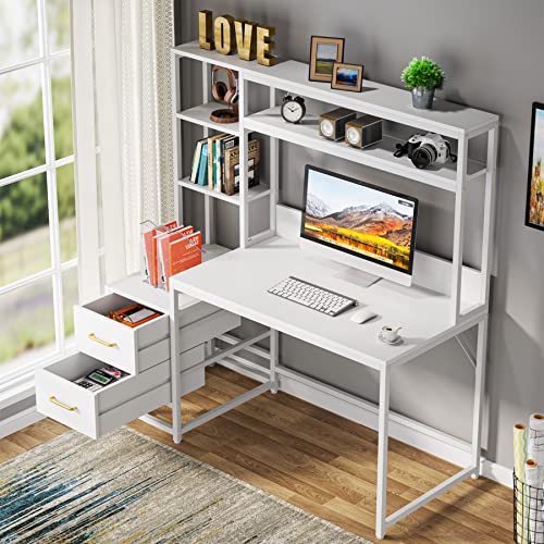 Image of Tribesigns 55 Inch Computer Desk with 2 Drawers and Storage Shelves, Rustic Office Desk with Hutch, Study Writing Gaming Table Laptop Workstation for Home Office (White)