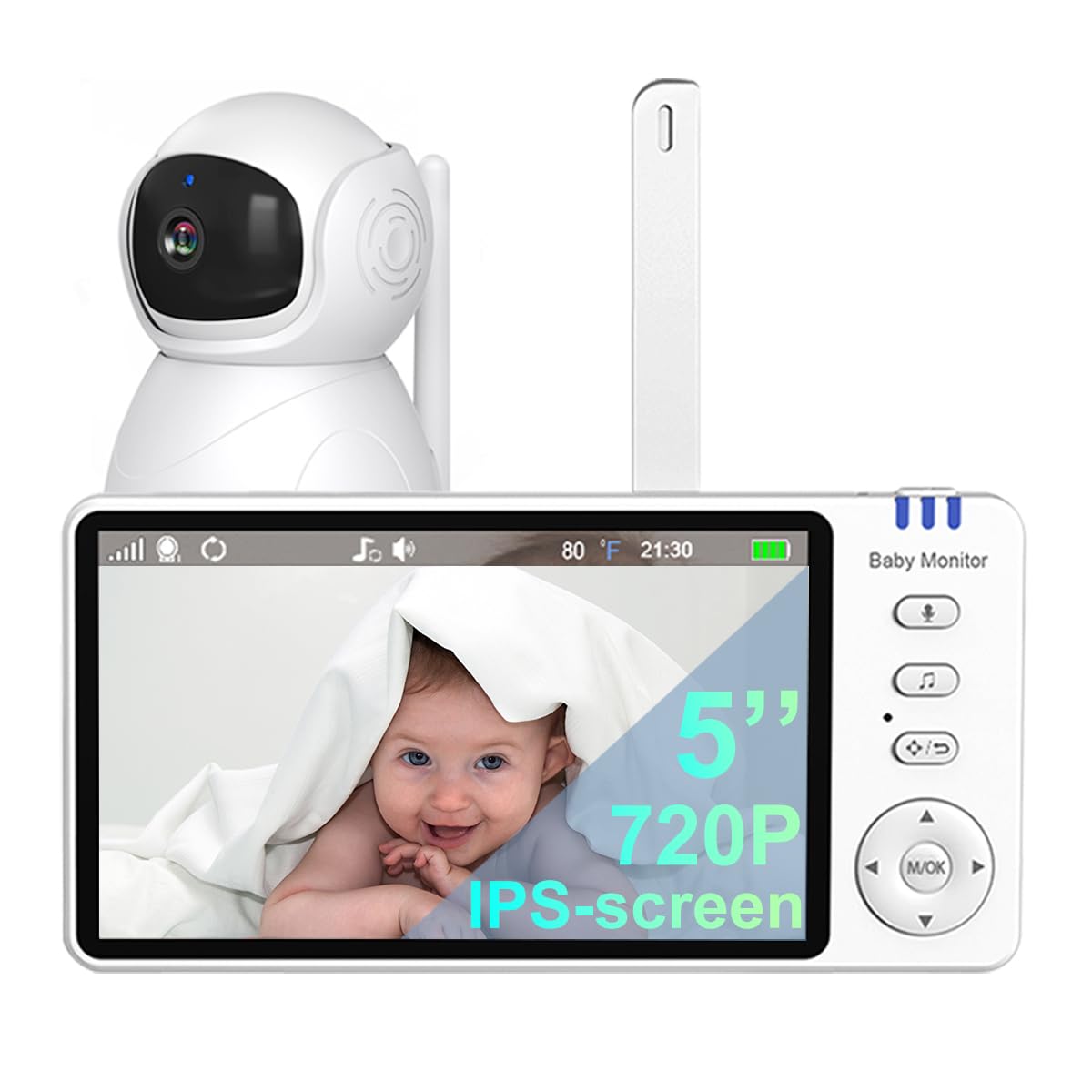 Babá Eletrônica Câmera,720P HD 5" Monitor de Bebe, Controle remoto gira 355°/75°, Áudio