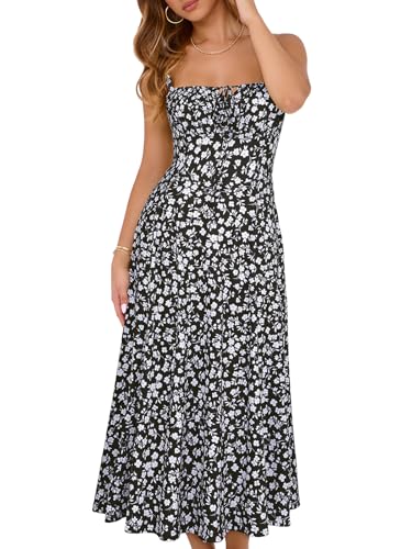 Image of YATHON Women's Summer Midi Corset Boho Dresses Spring Casual Floral Spaghetti Straps Lace Up Dress Flowy Aline Beach Sundress