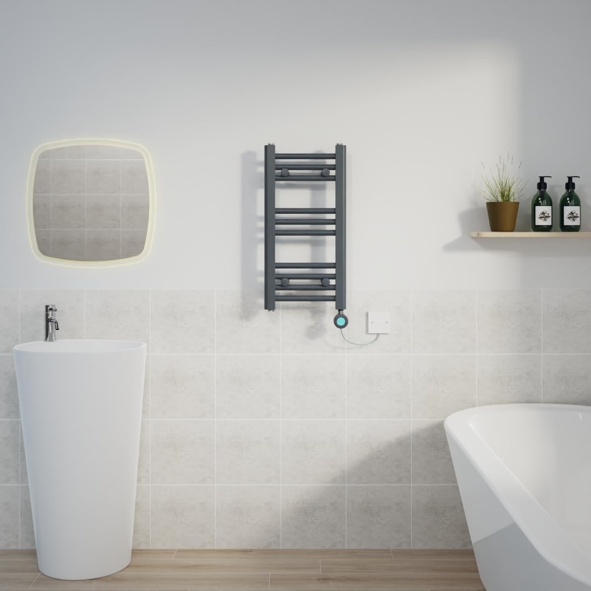 Warmehaus Anthracite 200W Electric Thermostatic Heated Towel Rail Bathroom Radiators Straight With Lcd Display Timer - 600X300mm