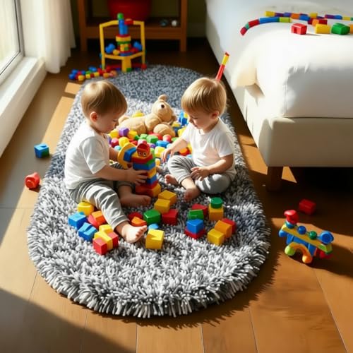 Image of Fluffy Silky Micro Fiber Polyster Carpet /Runner for Bedroom, Study Room, Playing Room, Guest Room ETC. 3x5 feet Feet, (Grey and Ivory Mix)