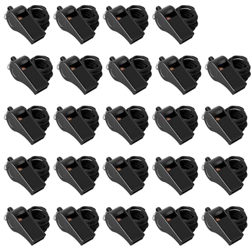 24 Pack 120dB Loud Referee Whistles with Lanyards – Heavy-Duty Black Sports Whistles for Coaches, Referees, and Team Events