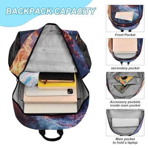 Travel Backpack Lunch Bag Set for Hiking Picnic, Backpacks with Insulated Lunch Box Dragon and Fire Print4