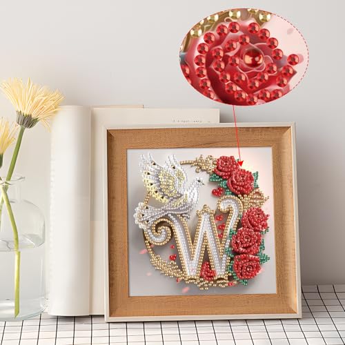 Image of AiYuanzsh 5D Diamond Art Kits Letter W, Whimsical Rose & Dove Monogram Special Shape Diamond Painting for Adults, Luxury Diamond Art for Adults DIY Paint by Diamonds for Wall Display 17x17cm