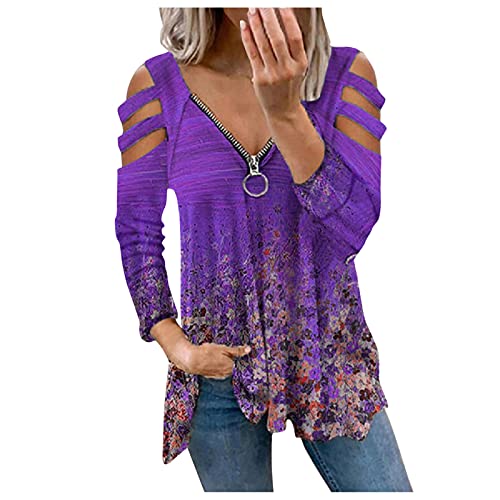 Haut col en V avec fermeture éclair pour femme - Manches longues - Tunique - Grandes tailles festives - T-shirt à manches longues - Écrous - Printemps automne - Imprimé floral - Décontracté, lilas, XL Cover