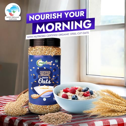 Image of Nutriorg Certified Organic Raw Steel cut Oats 1500g (Pack of 2 * 750g) | Gluten Free | For Weight Loss | Fiber Rich