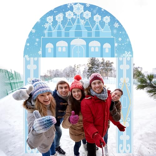 Image of Tingjoo 4 Pcs Winter Wonderland Door Cover Winter Castle Hanging Banner White Snowflake Runner Entryway Party Decorations Blue Wonderland Porch Sign Photo Backdrop for Holiday Classroom Party Supplies