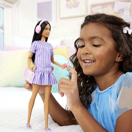 Image of Barbie Fashionistas Doll #245, Autistic Doll Wearing Purple Striped Dress with Accessories Like Fidget Spinner, Tablet and Headphones