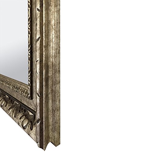 Raphael Rozen Hanging Framed Wall Mounted Mirror Vintage Antique Silver Brass Colored With Carvings For Bathroom, Vanity, Living Room, Dining Room, Kitchen, Bedroom, Office (20X30) #TOP2