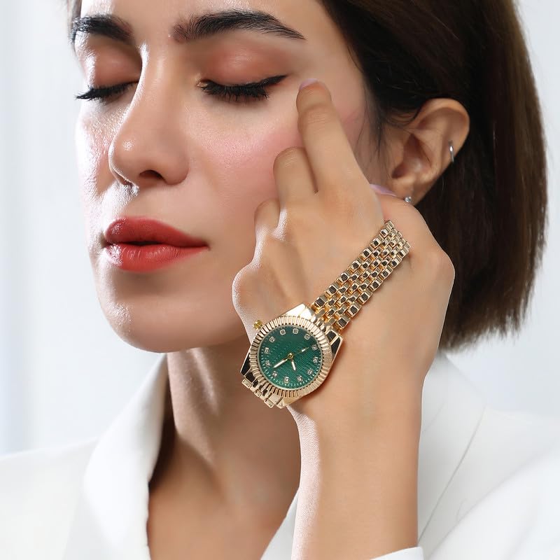 Image of Haute Sauce Women's The Ribbed H-Link Round Watch | California Gold Stainless Steel Strap | Emerald Green Dial | One-Size | Foldover Closure | Quartz | Analogue | Wrist Belt Watch for Female & Girls