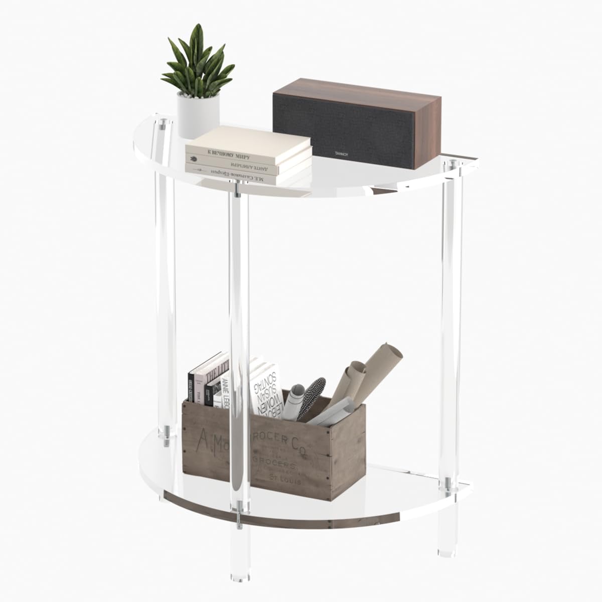 Carzi-Crea Acrylic Console Table 11.8" D x 23.6" W x 31.2" H, Half Round Console Table for Entryway, Sofa, Foyer, Hallway, Living Room, Modern, 2-Tier