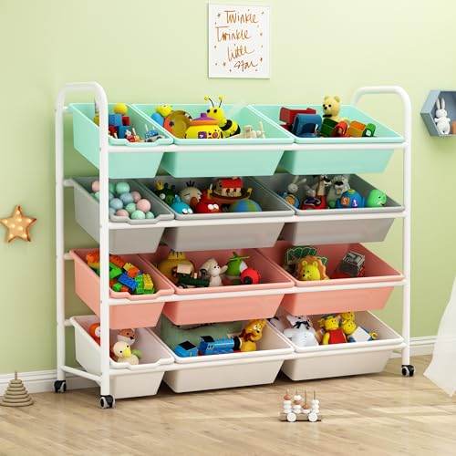 Monirf 4-Tier Kids Toy Storage Organizer with 12 Plastic Bins Movable Metal Toy Storage Rack with 4 wheels Large Capacity Toy Organizer for Kids Room Playroom and Nursery 103x30x95cm