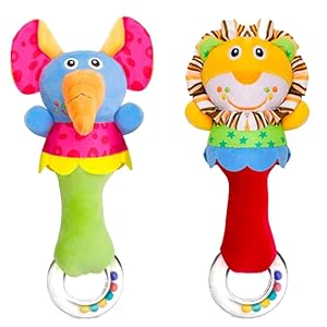 AYNKH 2 Pack Soft Baby Rattle Sensory Toys with Bell Developmental Hand Grip Early Educational Toy for Newborn Infant Toddler Up to 12 Months (Lion and Elephant)