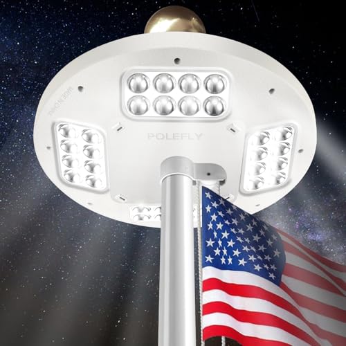 POLEFLY 2nd Generation Flag Pole Light Solar Powered | 1500 Lumen Weatherproof Solar Flag Pole Light | Brightness Plus 30% Auto Flag Pole Light | 100% Flag Coverage from Dusk to Dawn for 15+ Hours
