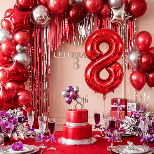 Image of Number Balloons Red Party Balloon - 40 Inch Large Number 8 Balloon, Numbers Balloon Birthday Decorations, Red Party Supplies for Anniversary