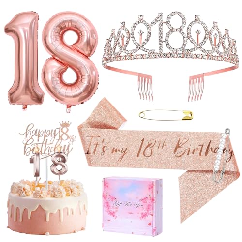 Decoracion 18 Cumpleaños Chica, Tiara Corona y Faja Niña de 18 Años Adornos para Tartas de Cumpleaños y Velas Globos de Papel de Aluminio de Oro Rosa Favores de Fiesta de Cumpleaños para Niña
