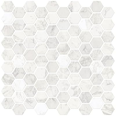 In Home NH2359 Hexagon Faux Marble Peel & Stick Backsplash Tiles, White & Off-White