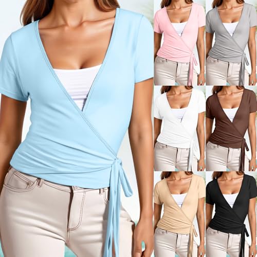 Women Y2k Ballet Wrap Tops Deep V Neck Long Sleeve Tie Front Pilates Top Strechy Yoga Workout Going out Cover up Shrug Blouse3