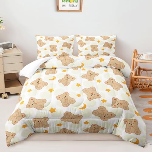 AILONEN Cute Bear Comforter Set Twin Size,Kawaii Brown Teddy Bear Bedding Set for Boys Girls,3-Piece Cartoon Stars Moon Print Soft Comforter with 2 Pillowcases,All Season