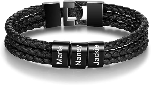 Pulseras personalizadas con nombre para hombre, pulsera de cuero trenzado personalizada con 1-8 nombres grabados, pulsera con nombre personalizado