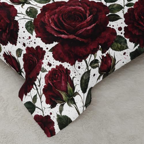 Image of AILONEN Wine Floral Full Duvet Set 3 Piece, 1 Comforter + 2 Pillowcases, Large Rose Heads Dark Green Foliage Crisp White Background for Elegant Guest Room