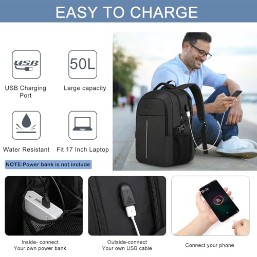 Sac à Dos Ordinateur Portable 17.3 Pouces,50L Sac à Dos de Voyage Grande Homme Femme Antivol Imperméable avec USB Charging Port PC Portable pour Loisir, Scolaire,Affaire Noir – Image 2
