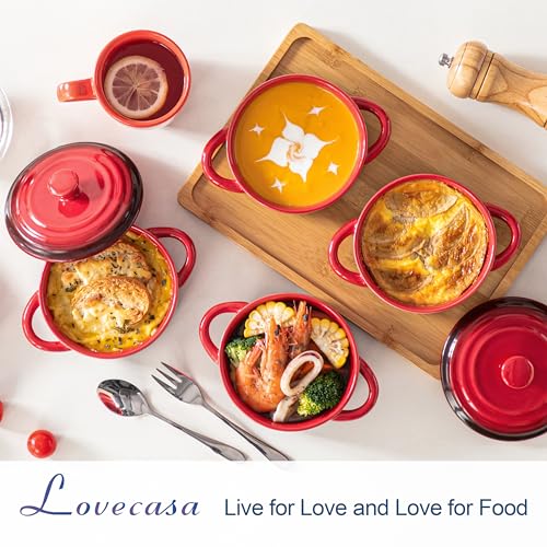 LOVECASA Mini Cocotte Set,12 OZ Small Casserole Dishes with Lids, Soup Bowls With Handles,Individual Baking Ramekins,Oven, Microwave & Dishwasher Safe,Set of 4,Red - image 2